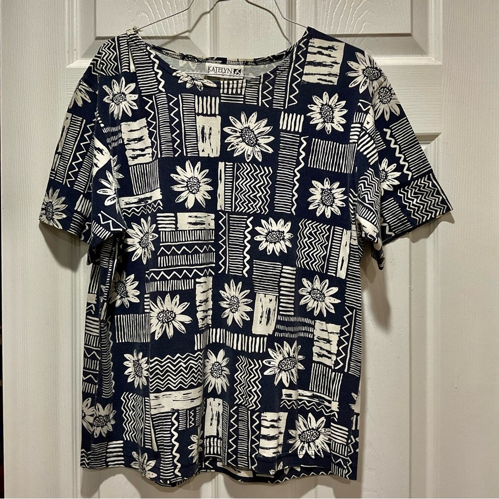 Navy and White Boxy Short Sleeve Tee flowered top